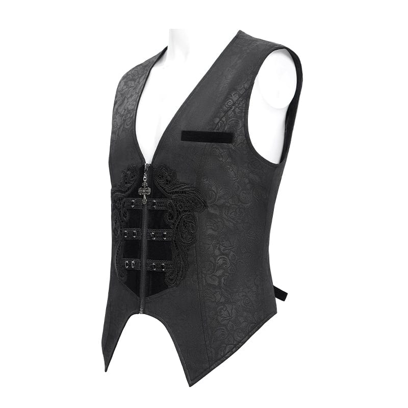 DEVIL FASHION Men's Gothic Floral Embroidered Velvet Splice Waistcoat