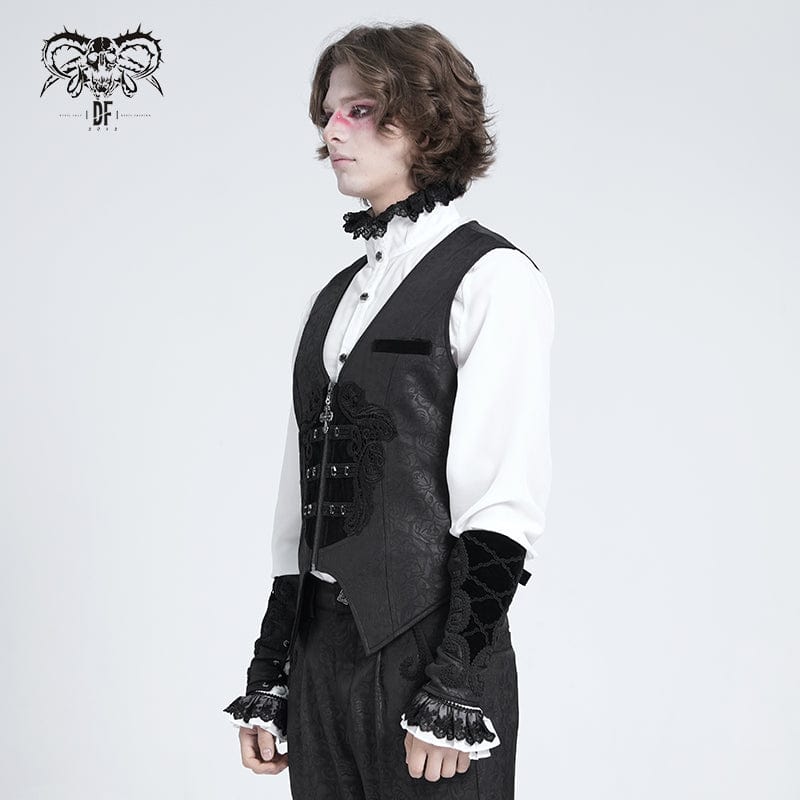 DEVIL FASHION Men's Gothic Floral Embroidered Velvet Splice Waistcoat