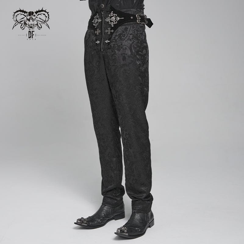DEVIL FASHION Men's Gothic Floral Printed Buckle Lace-up Pants