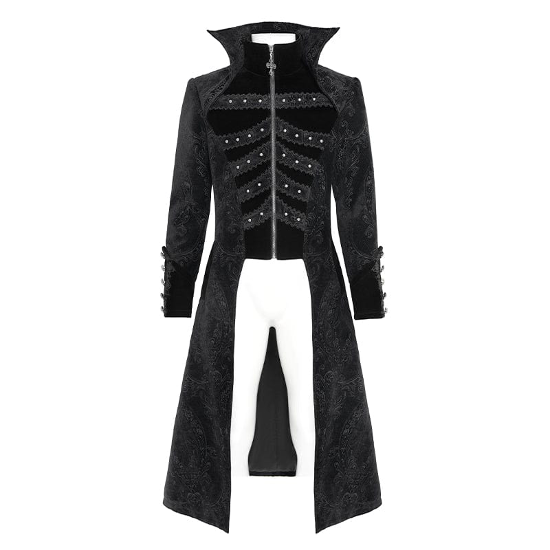 DEVIL FASHION Men's Gothic Floral Printed Diamante Stand Collar Coat Black