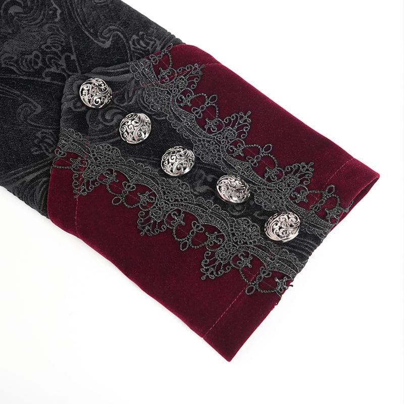 DEVIL FASHION Men's Gothic Floral Printed Diamante Stand Collar Coat Red