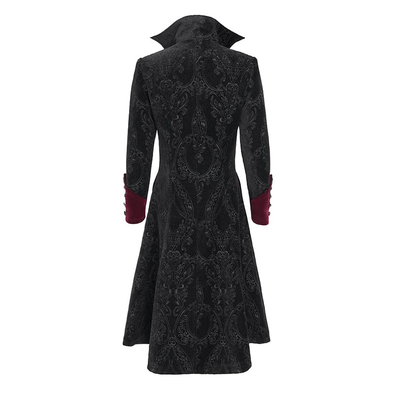 DEVIL FASHION Men's Gothic Floral Printed Diamante Stand Collar Coat Red