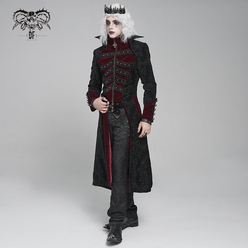 DEVIL FASHION Men's Gothic Floral Printed Diamante Stand Collar Coat Red
