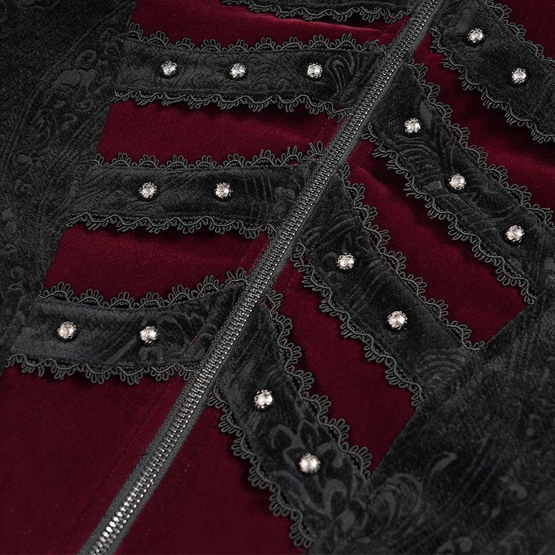 DEVIL FASHION Men's Gothic Floral Printed Diamante Stand Collar Coat Red