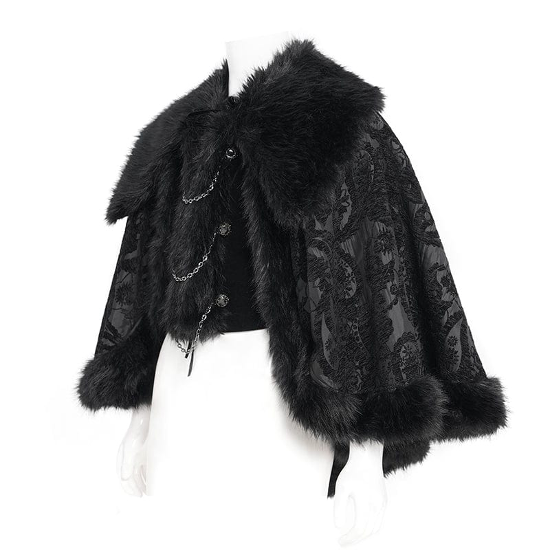 DEVIL FASHION Men's Gothic Floral Printed Faux Fur Splice Cape