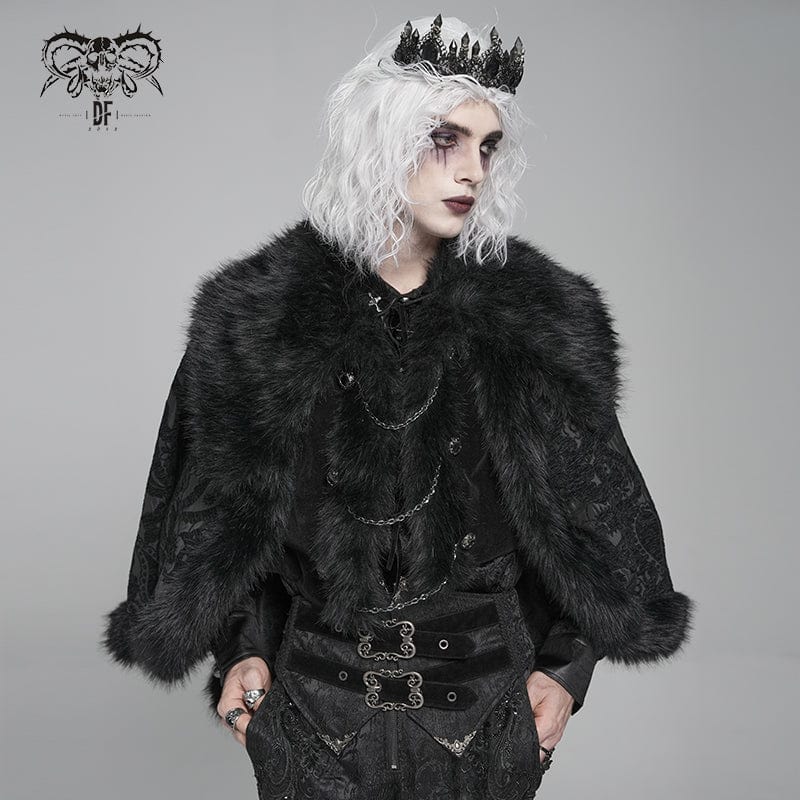 DEVIL FASHION Men's Gothic Floral Printed Faux Fur Splice Cape