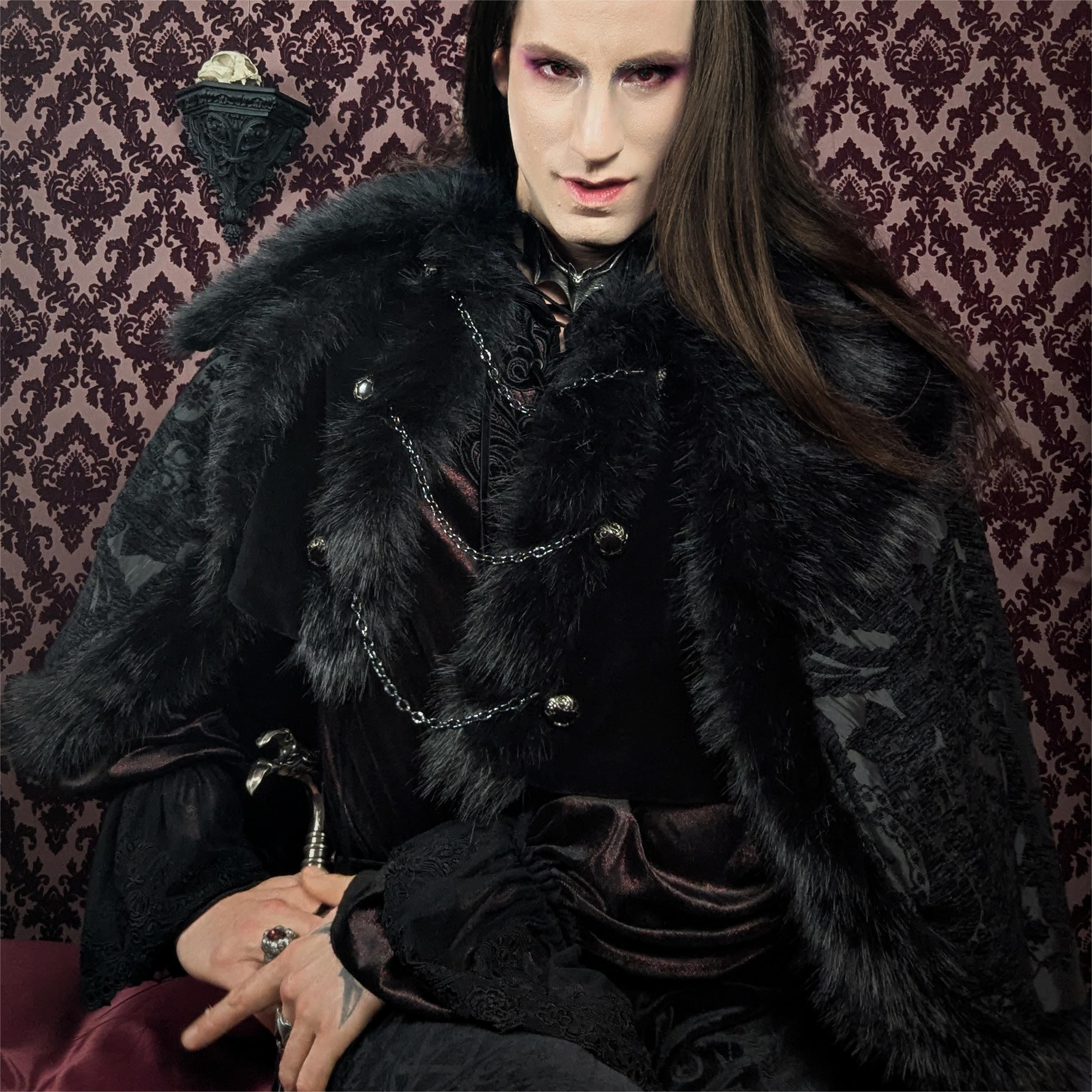 DEVIL FASHION Men's Gothic Floral Printed Faux Fur Splice Cape