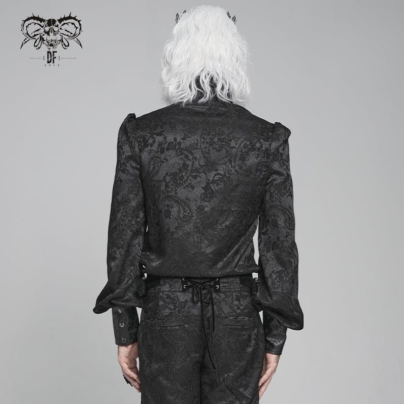 DEVIL FASHION Men's Gothic Floral Printed Stand Collar Lantern Sleeved Shirt Black