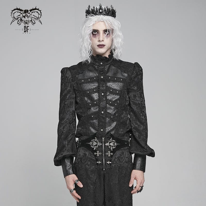 DEVIL FASHION Men's Gothic Floral Printed Stand Collar Lantern Sleeved Shirt Black