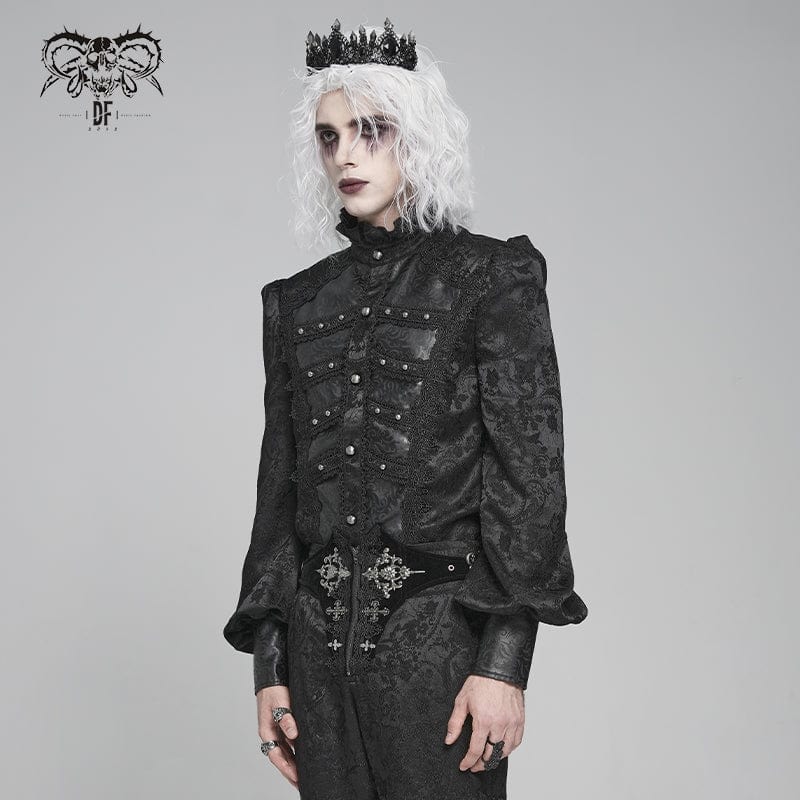 DEVIL FASHION Men's Gothic Floral Printed Stand Collar Lantern Sleeved Shirt Black