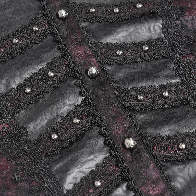 DEVIL FASHION Men's Gothic Floral Printed Stand Collar Lantern Sleeved Shirt Black-Red