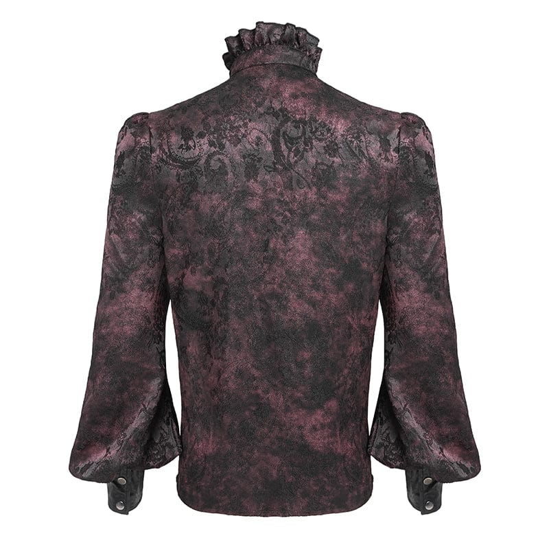 DEVIL FASHION Men's Gothic Floral Printed Stand Collar Lantern Sleeved Shirt Black-Red