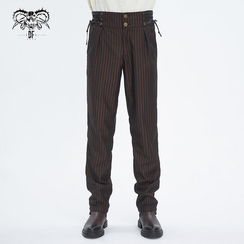DEVIL FASHION Men's Gothic High-waisted Lace-up Striped Coffee Pants