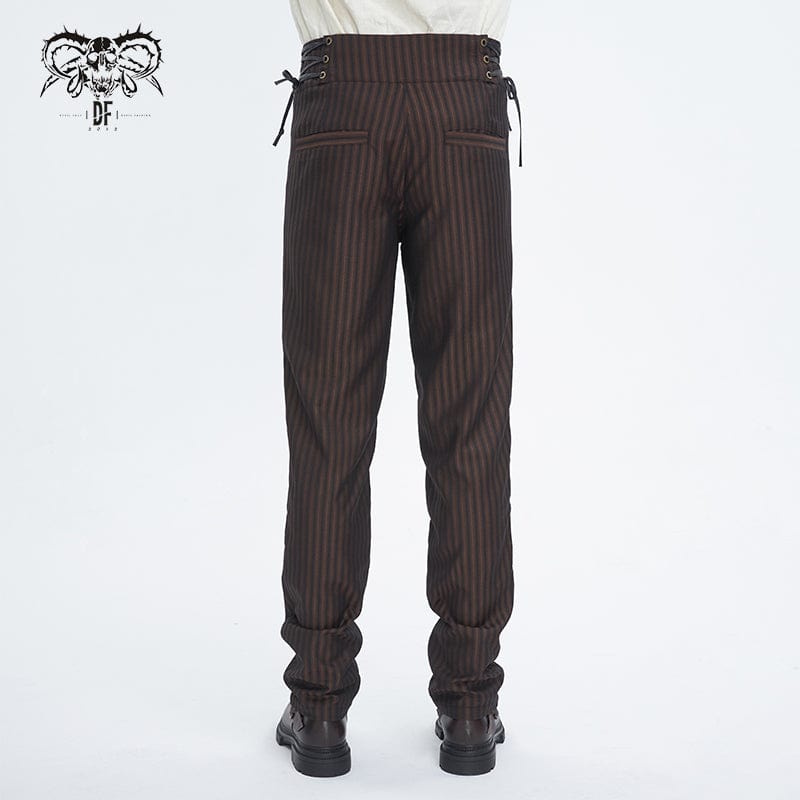 DEVIL FASHION Men's Gothic High-waisted Lace-up Striped Coffee Pants