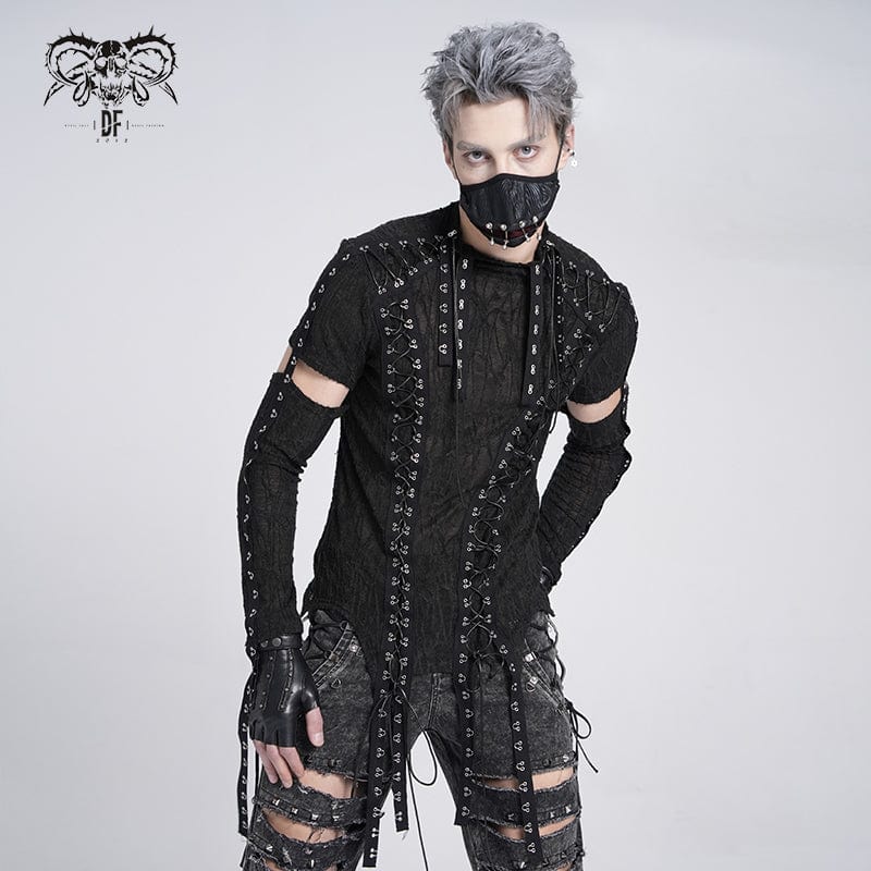DEVIL FASHION Men's Gothic Irregular Eyelet Strap Lace-up T-shirt