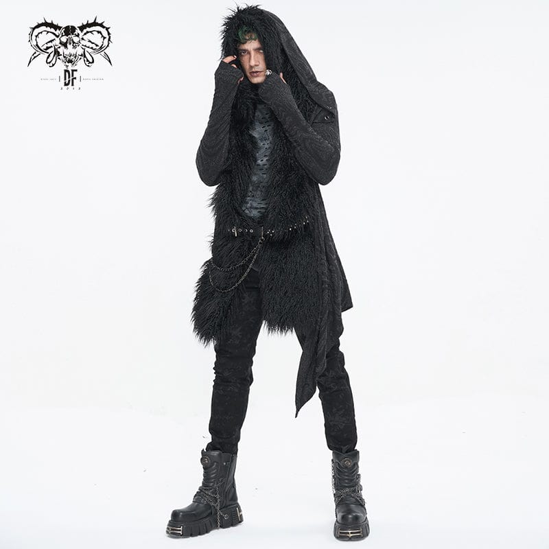 DEVIL FASHION Men's Gothic Irregular Multi-chain Coat with Hood Black