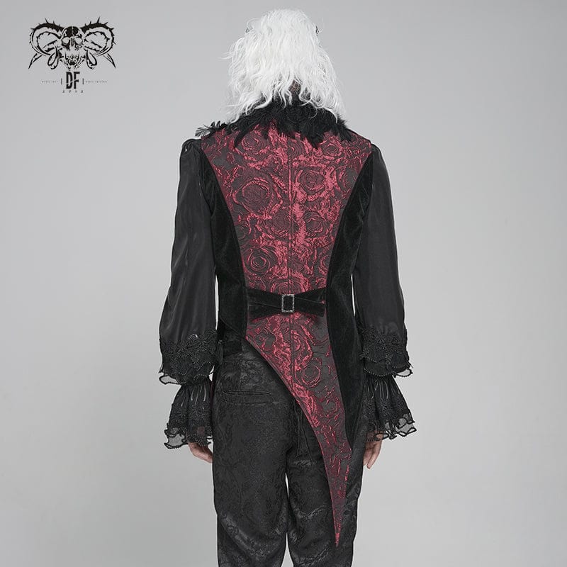 DEVIL FASHION Men's Gothic Irregular Rose Printed Contrast Color Waistcoat with Detachable Feather Accessory