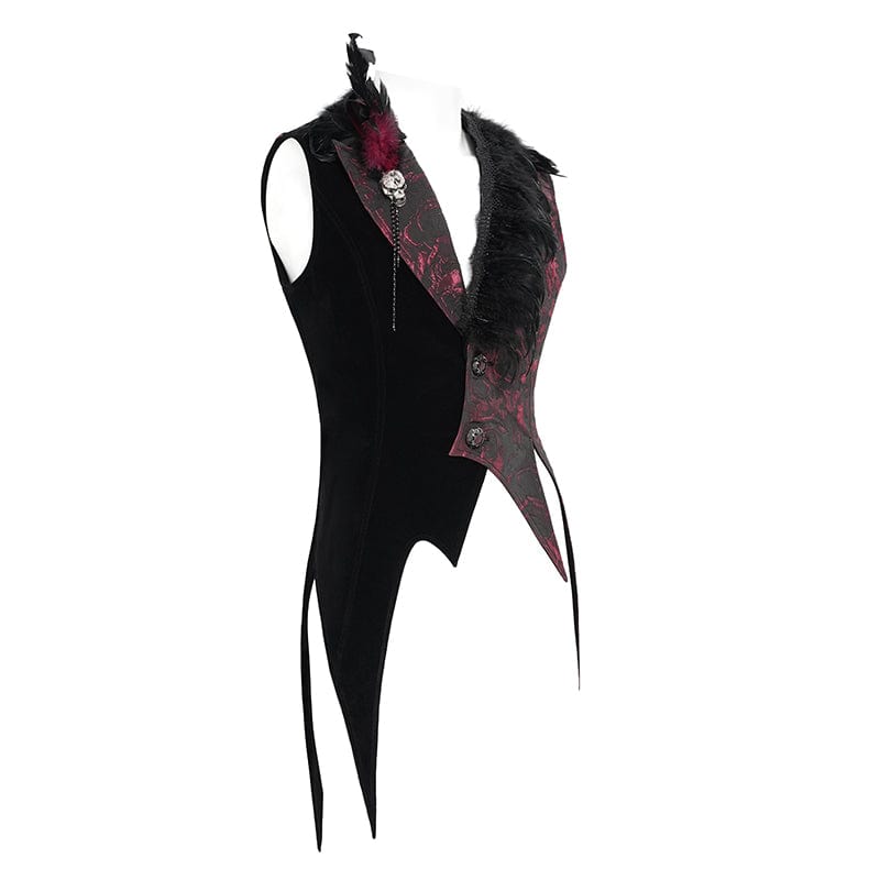 DEVIL FASHION Men's Gothic Irregular Rose Printed Contrast Color Waistcoat with Detachable Feather Accessory