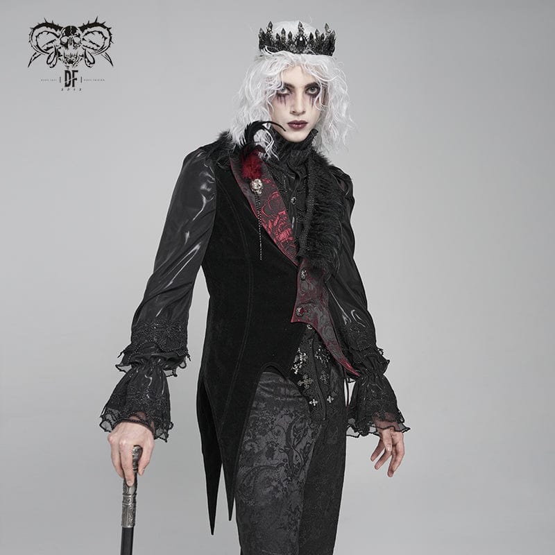 DEVIL FASHION Men's Gothic Irregular Rose Printed Contrast Color Waistcoat with Detachable Feather Accessory