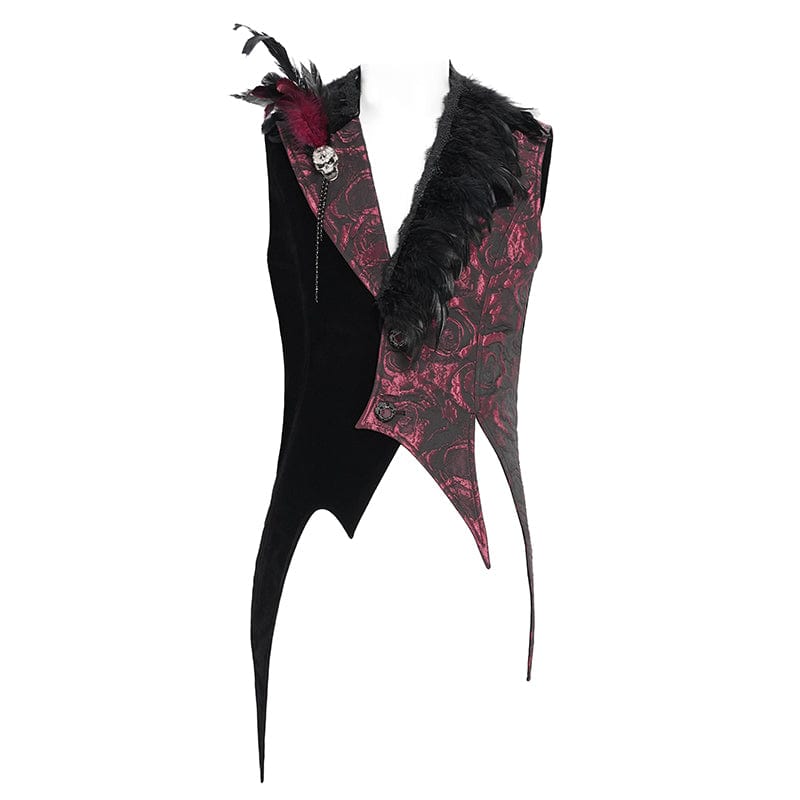 DEVIL FASHION Men's Gothic Irregular Rose Printed Contrast Color Waistcoat with Detachable Feather Accessory