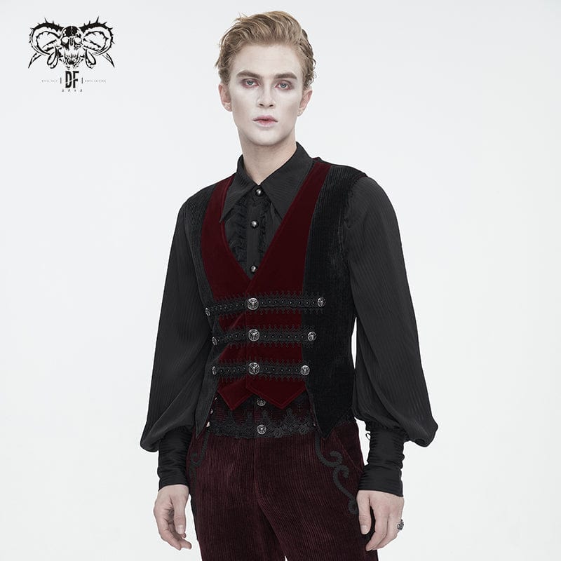 DEVIL FASHION Men's Gothic Irregular Velvet Splice Corduroy Waistcoat Red