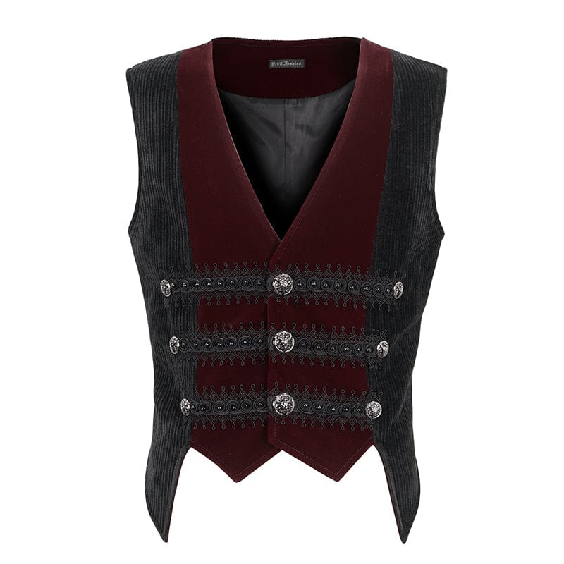 DEVIL FASHION Men's Gothic Irregular Velvet Splice Corduroy Waistcoat Red