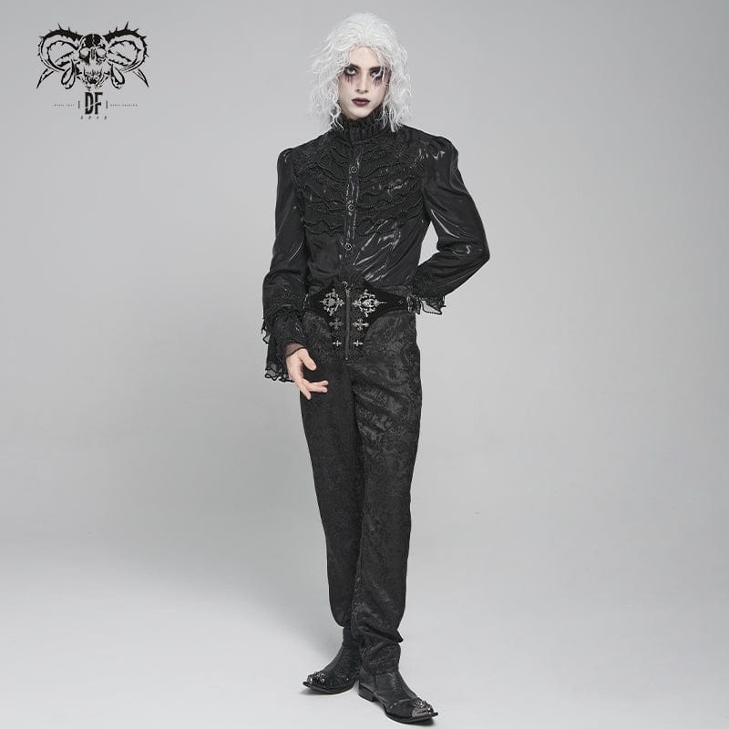 DEVIL FASHION Men's Gothic Lace Splice Lace-up Puff Sleeved Shirt