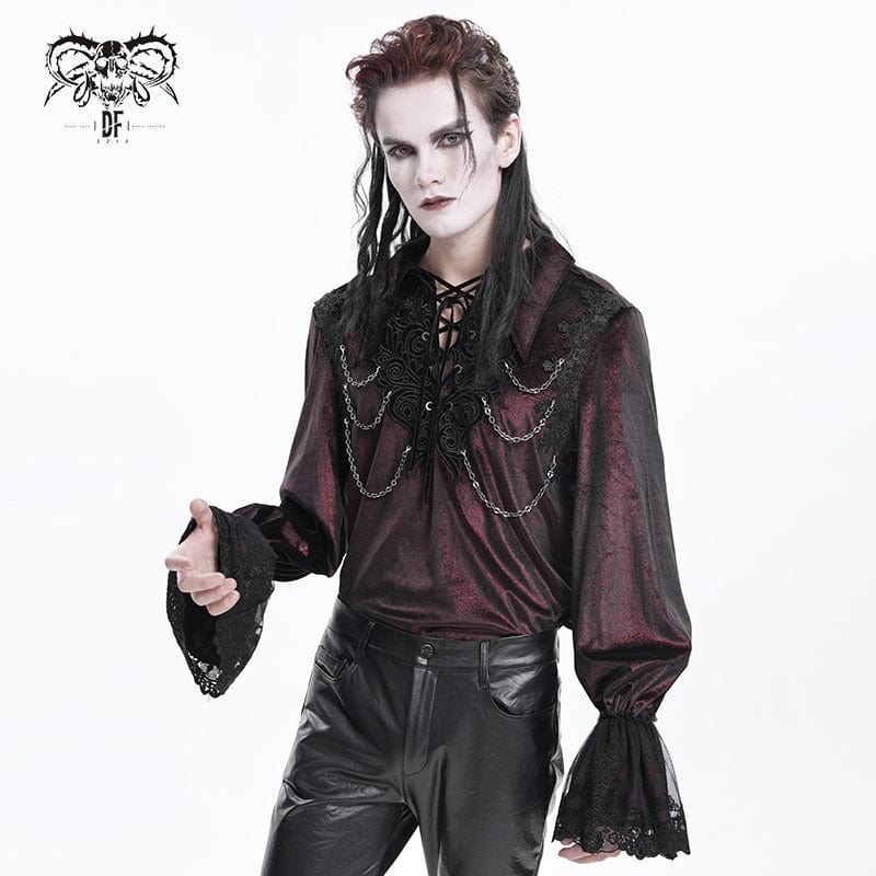DEVIL FASHION Men's Gothic Lace-up Chain Lace Shirt Wine Red