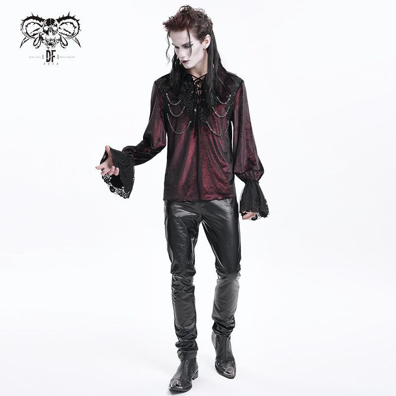DEVIL FASHION Men's Gothic Lace-up Chain Lace Shirt Wine Red