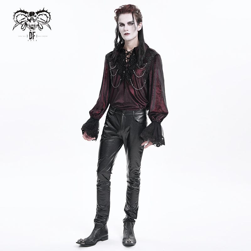 DEVIL FASHION Men's Gothic Lace-up Chain Lace Shirt Wine Red