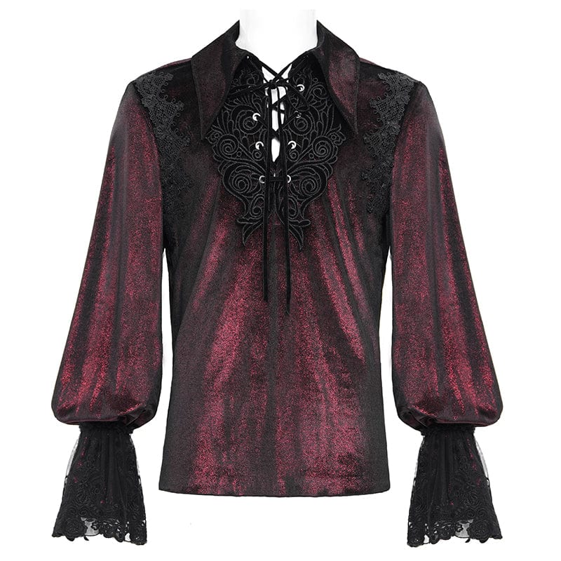 DEVIL FASHION Men's Gothic Lace-up Chain Lace Shirt Wine Red