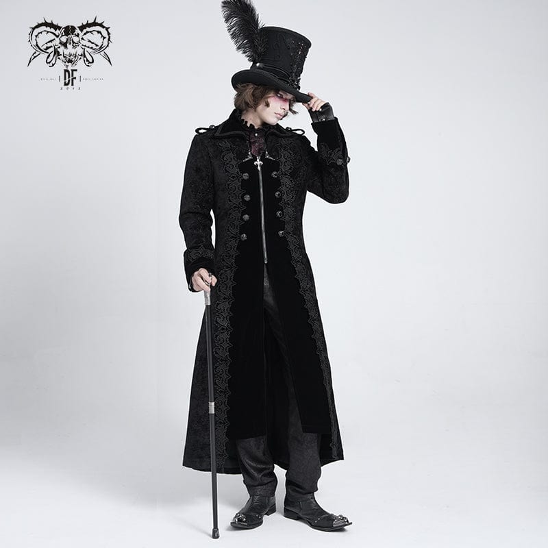 DEVIL FASHION Men's Gothic Lapel Collar Embroidered Velvet Coat Black