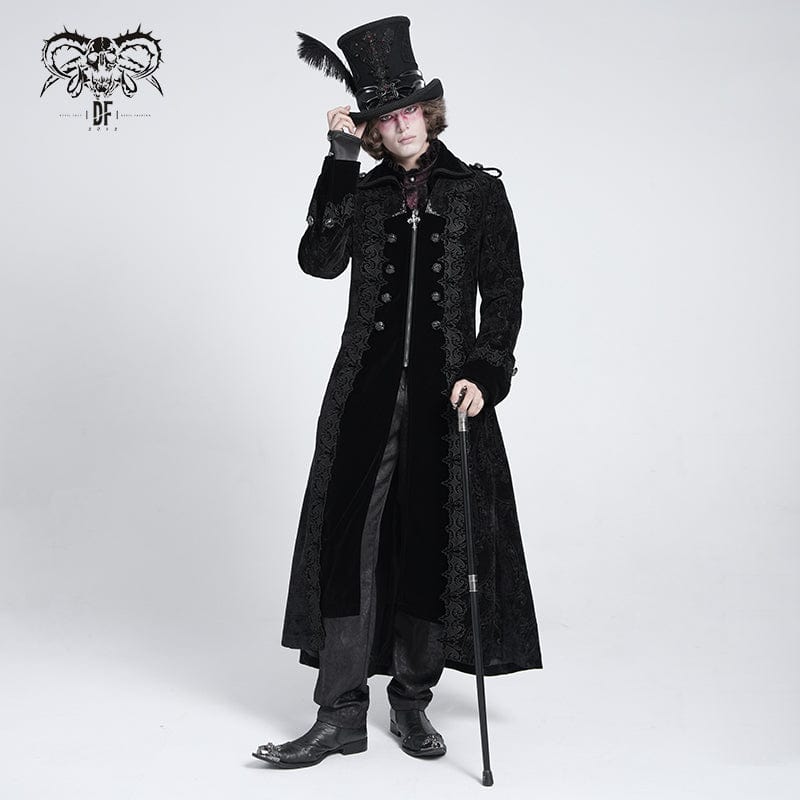 DEVIL FASHION Men's Gothic Lapel Collar Embroidered Velvet Coat Black