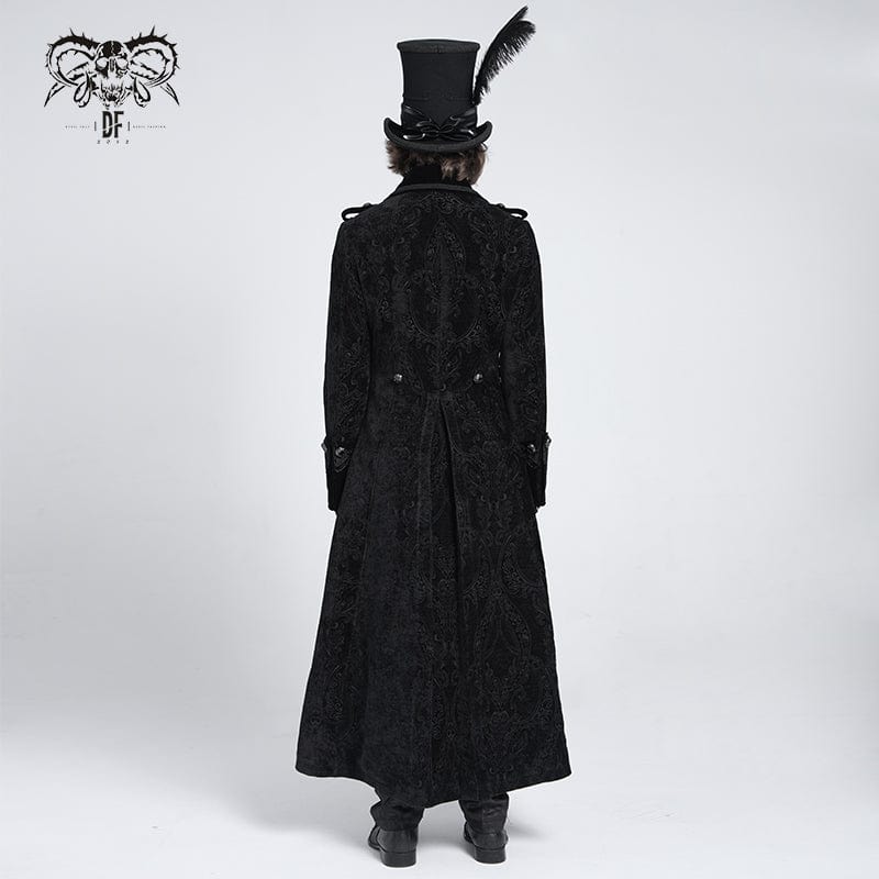 DEVIL FASHION Men's Gothic Lapel Collar Embroidered Velvet Coat Black