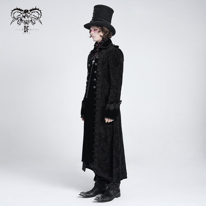 DEVIL FASHION Men's Gothic Lapel Collar Embroidered Velvet Coat Black