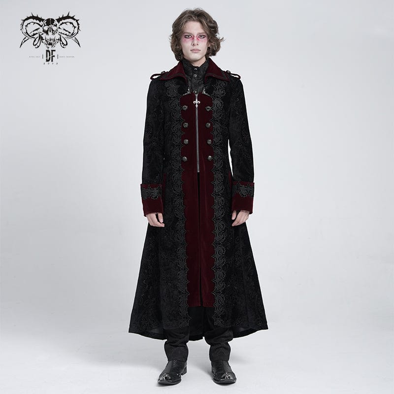 DEVIL FASHION Men's Gothic Lapel Collar Embroidered Velvet Coat Red