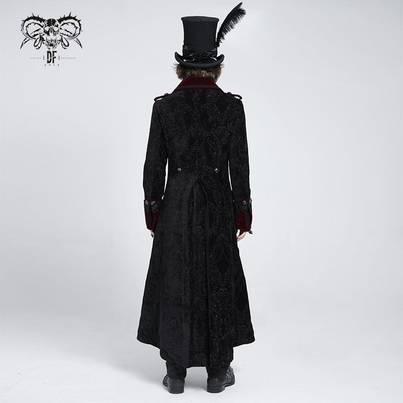 DEVIL FASHION Men's Gothic Lapel Collar Embroidered Velvet Coat Red