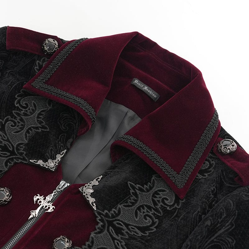 DEVIL FASHION Men's Gothic Lapel Collar Embroidered Velvet Coat Red