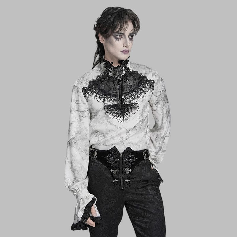 DEVIL FASHION Men's Gothic Marble Printed Bishop Sleeved Shirt White