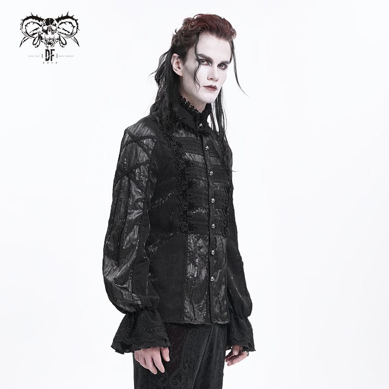 DEVIL FASHION Men's Gothic Pleated Lace Crochet Shirt