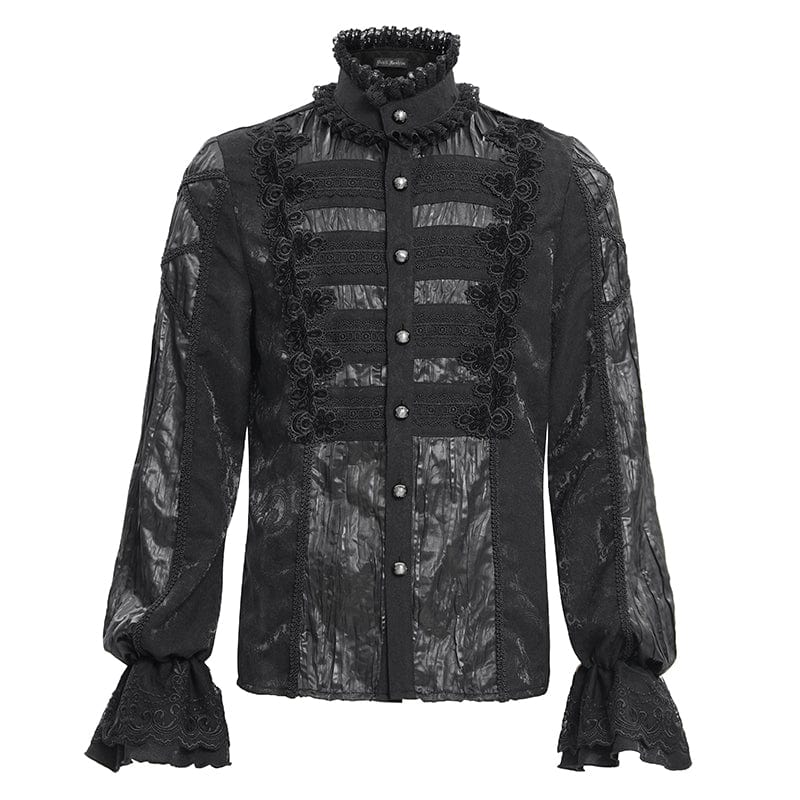 DEVIL FASHION Men's Gothic Pleated Lace Crochet Shirt
