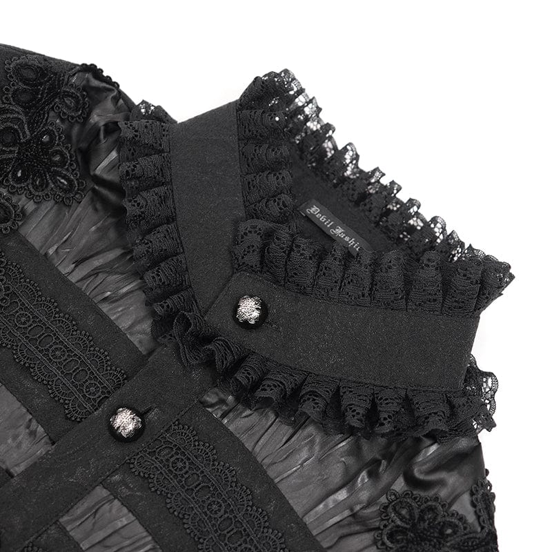 DEVIL FASHION Men's Gothic Pleated Lace Crochet Shirt