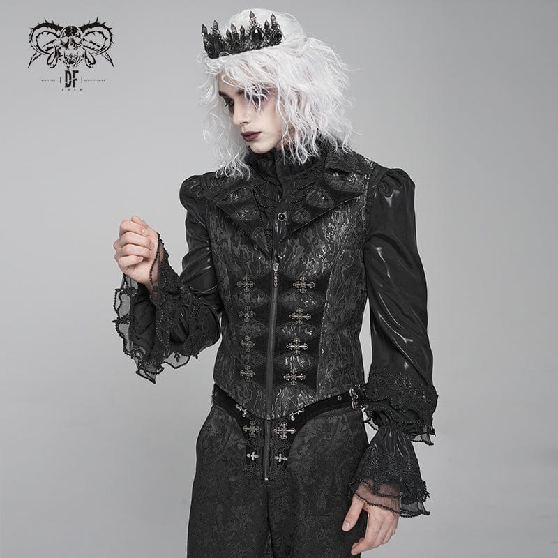 DEVIL FASHION Men's Gothic Printed Plunging Turn-down Collar Swallow-tailed Waistcoat