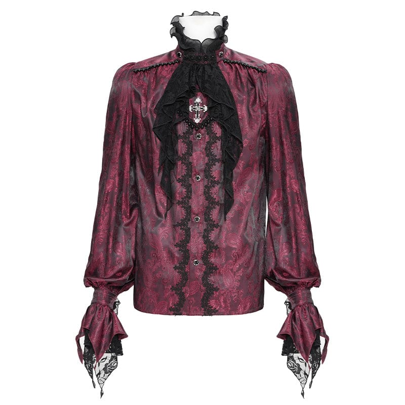 DEVIL FASHION Men's Gothic Puff Sleeved Beaded Shirt with Lace Necktie