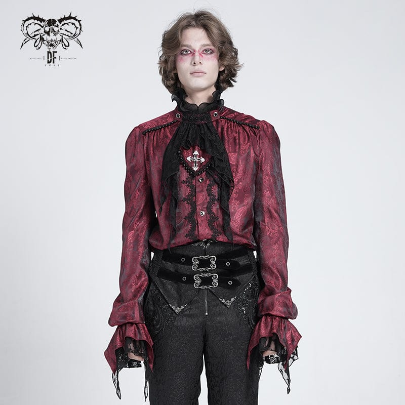 DEVIL FASHION Men's Gothic Puff Sleeved Beaded Shirt with Lace Necktie