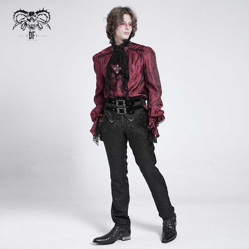 DEVIL FASHION Men's Gothic Puff Sleeved Beaded Shirt with Lace Necktie