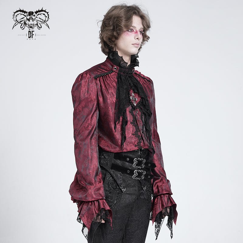 DEVIL FASHION Men's Gothic Puff Sleeved Beaded Shirt with Lace Necktie