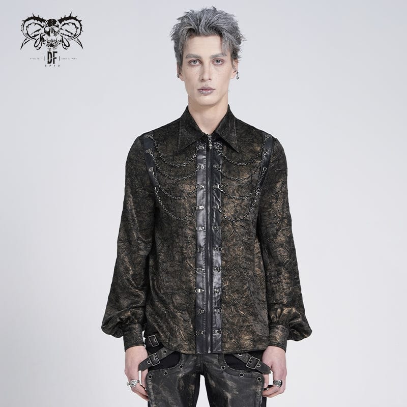 DEVIL FASHION Men's Gothic Puff Sleeved Faux Leather Splice Shirt with Chain