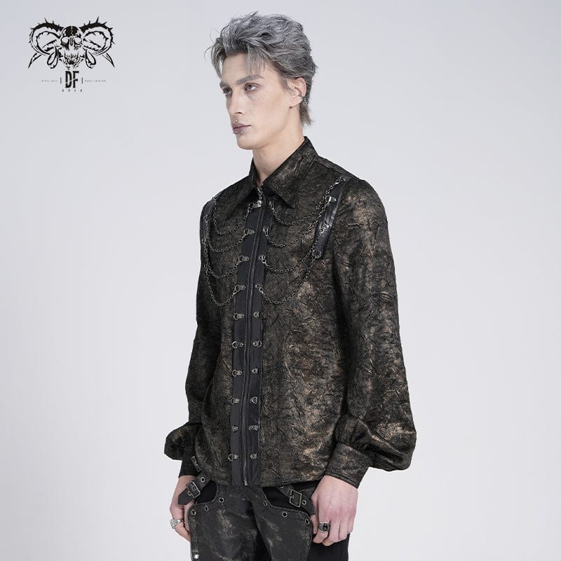 DEVIL FASHION Men's Gothic Puff Sleeved Faux Leather Splice Shirt with Chain