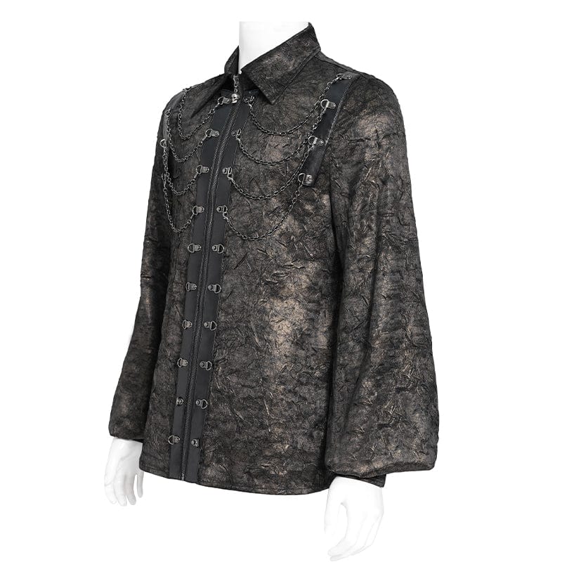 DEVIL FASHION Men's Gothic Puff Sleeved Faux Leather Splice Shirt with Chain